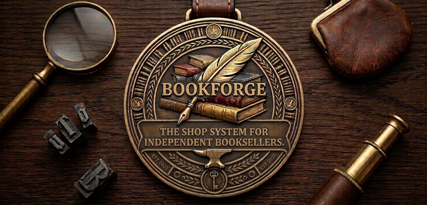 The BookForge seal on a bookseller's desk