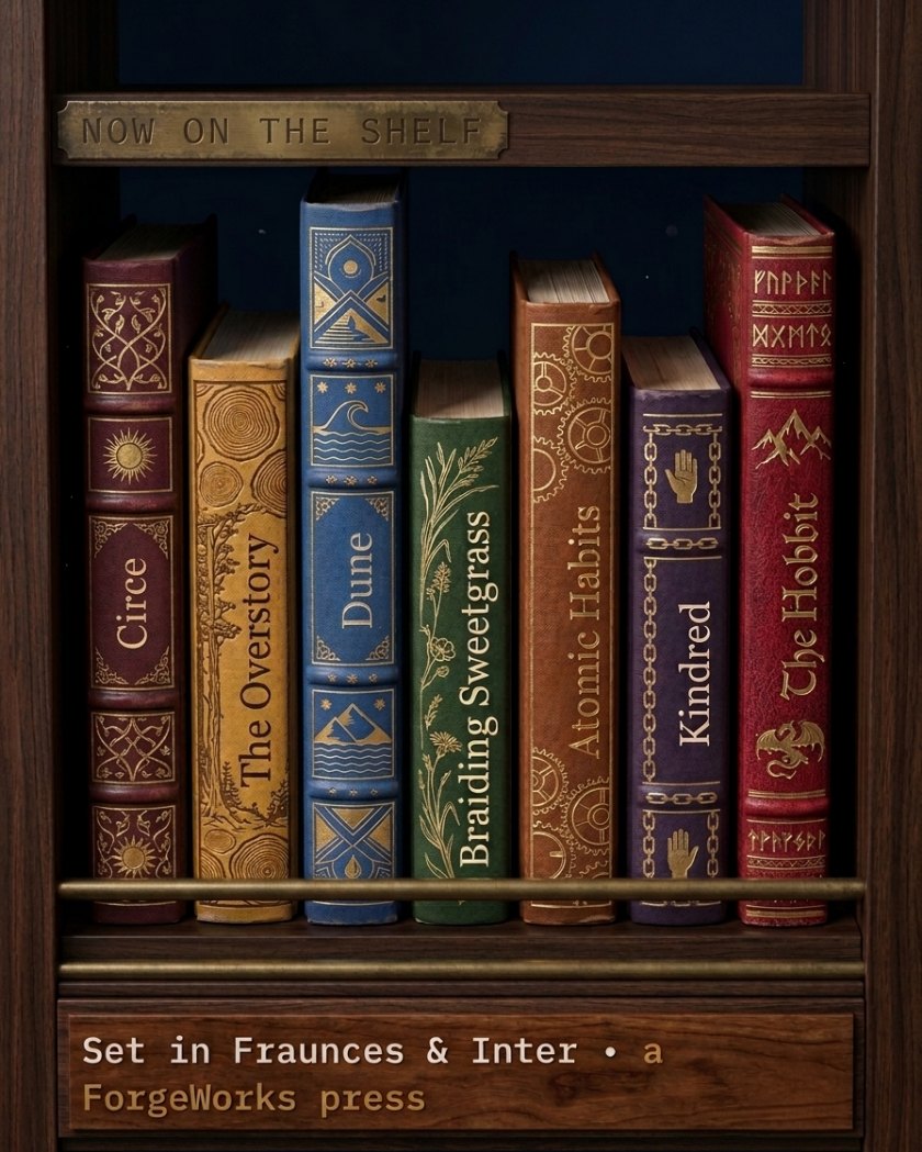 A shelf of leather-bound books